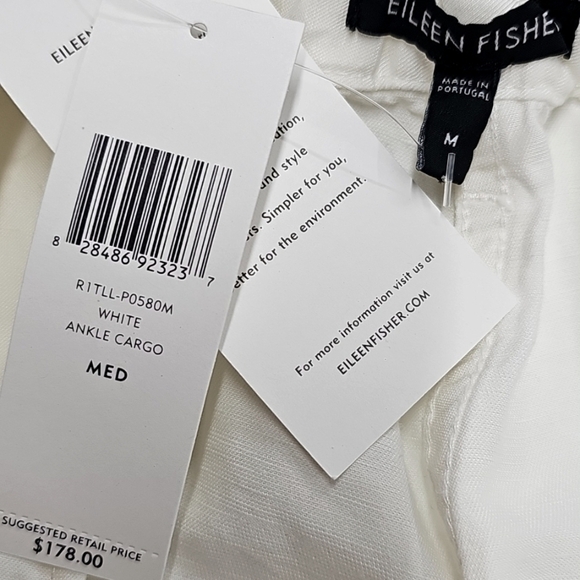 Eileen Fisher White Linen Blend Ankle Joggers Size M, Drawstring Waist, Pockets - Picture 9 of 13